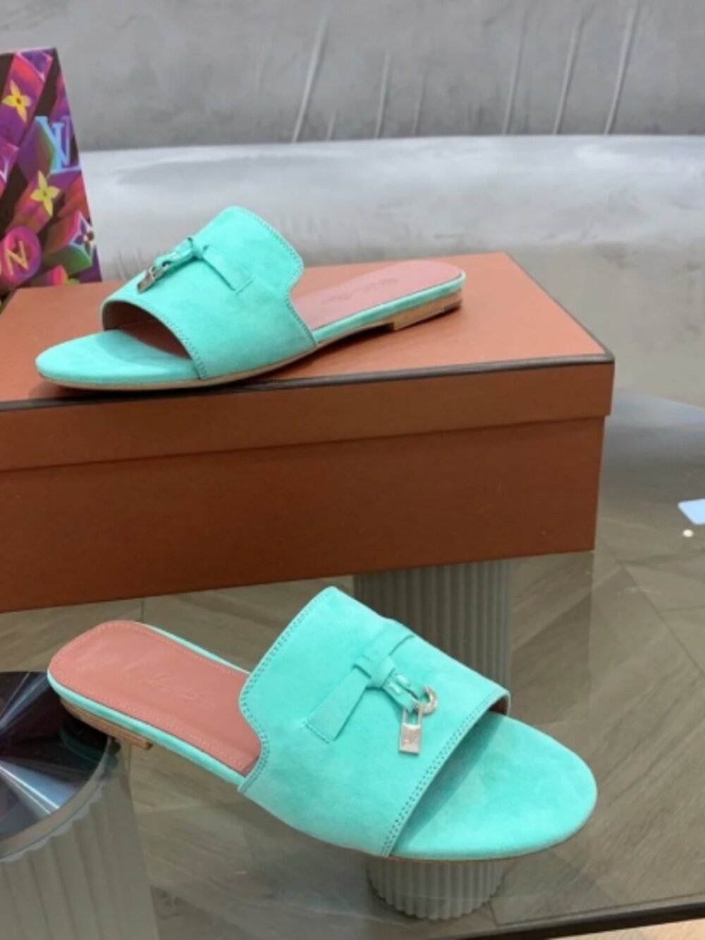 Loro Piana Mint Green Suede Slide Sandals Bow Charm Flat Open‑Toe Mules - Picture 6 of 6